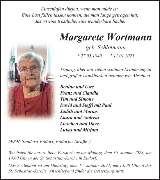 Traueranzeige von Margarete Wortmann von Tageszeitung