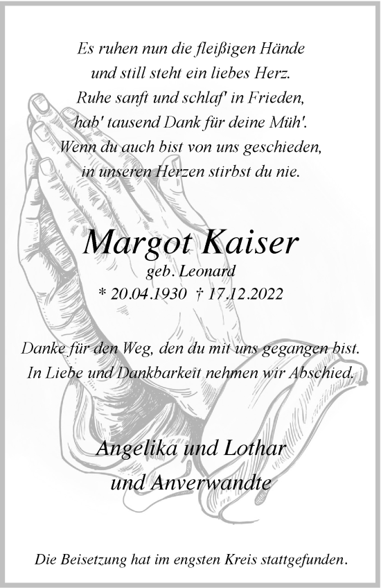 Traueranzeige von Margot Kaiser von Tageszeitung