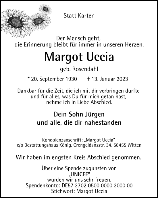 Traueranzeige von Margot Uccia von Tageszeitung