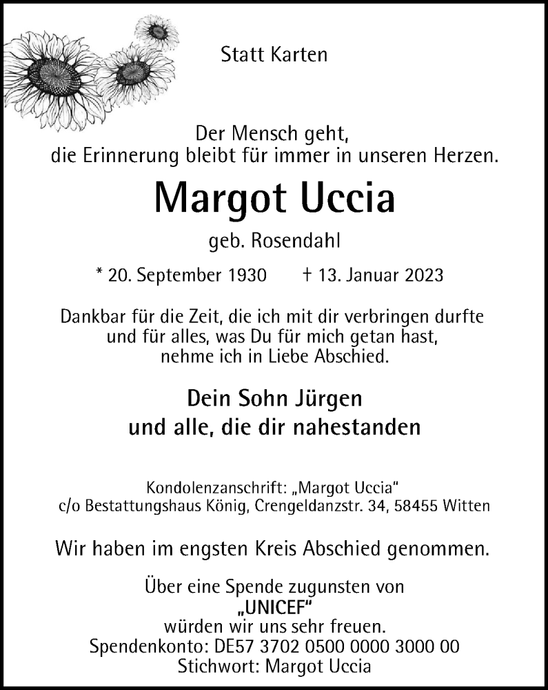  Traueranzeige für Margot Uccia vom 25.01.2023 aus Tageszeitung