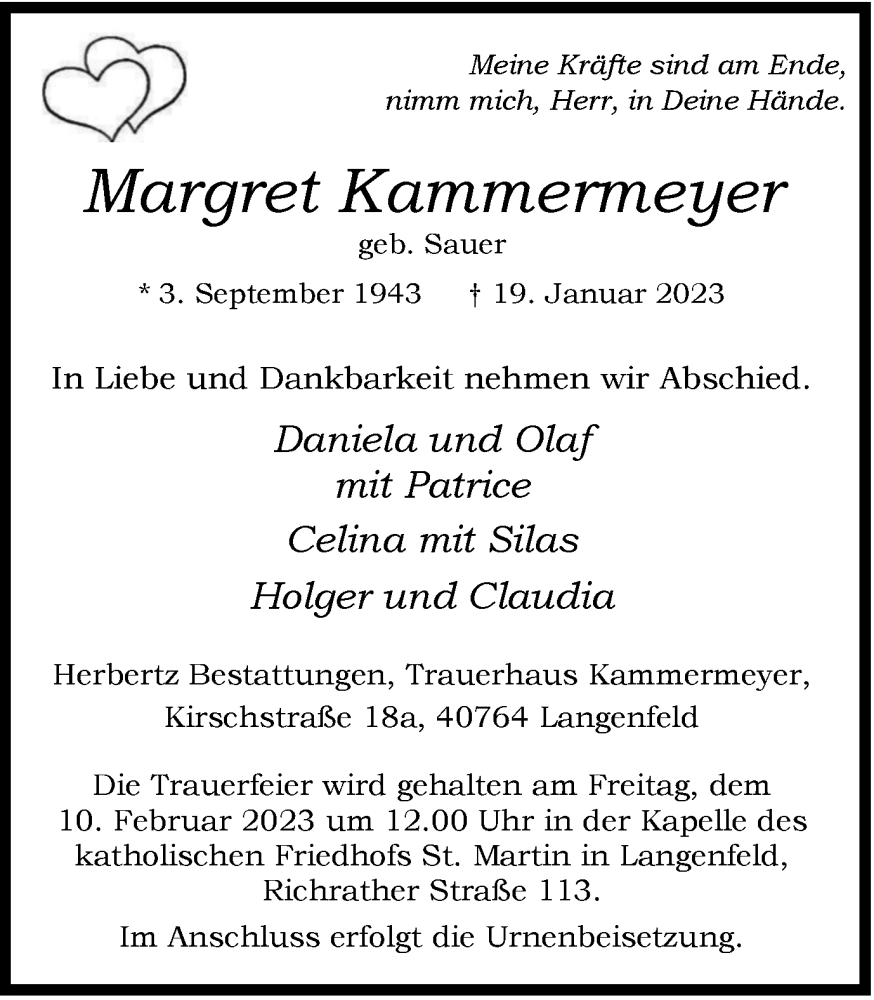  Traueranzeige für Margret Kammermeyer vom 28.01.2023 aus WVW Anzeigenblätter