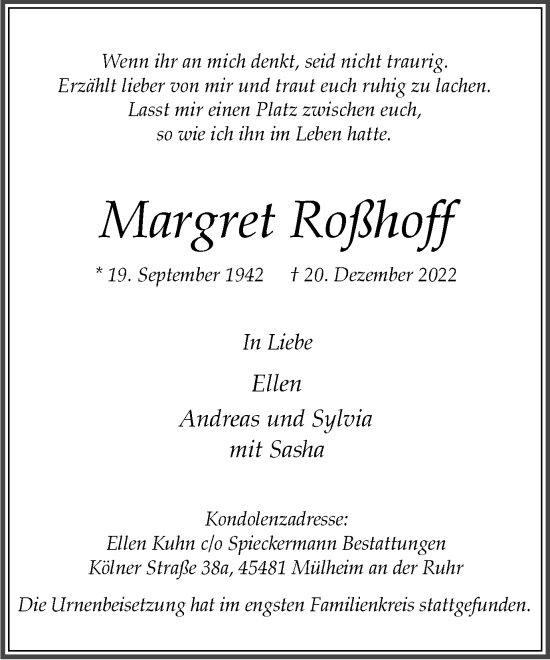 Traueranzeige von Margret Roßhoff von WVW Anzeigenblätter