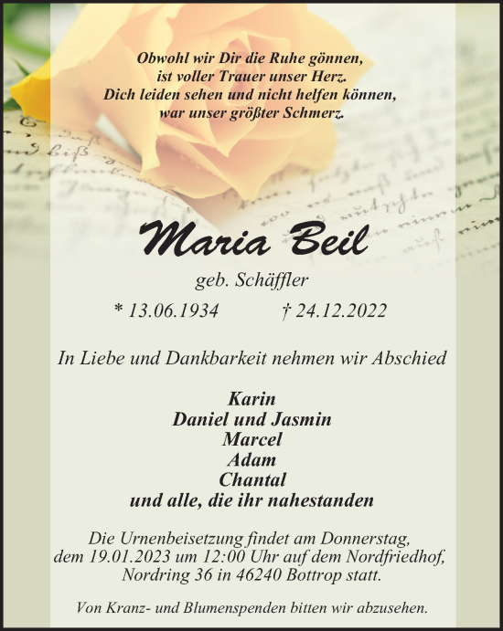 Traueranzeige von Maria Beil von WVW Anzeigenblätter