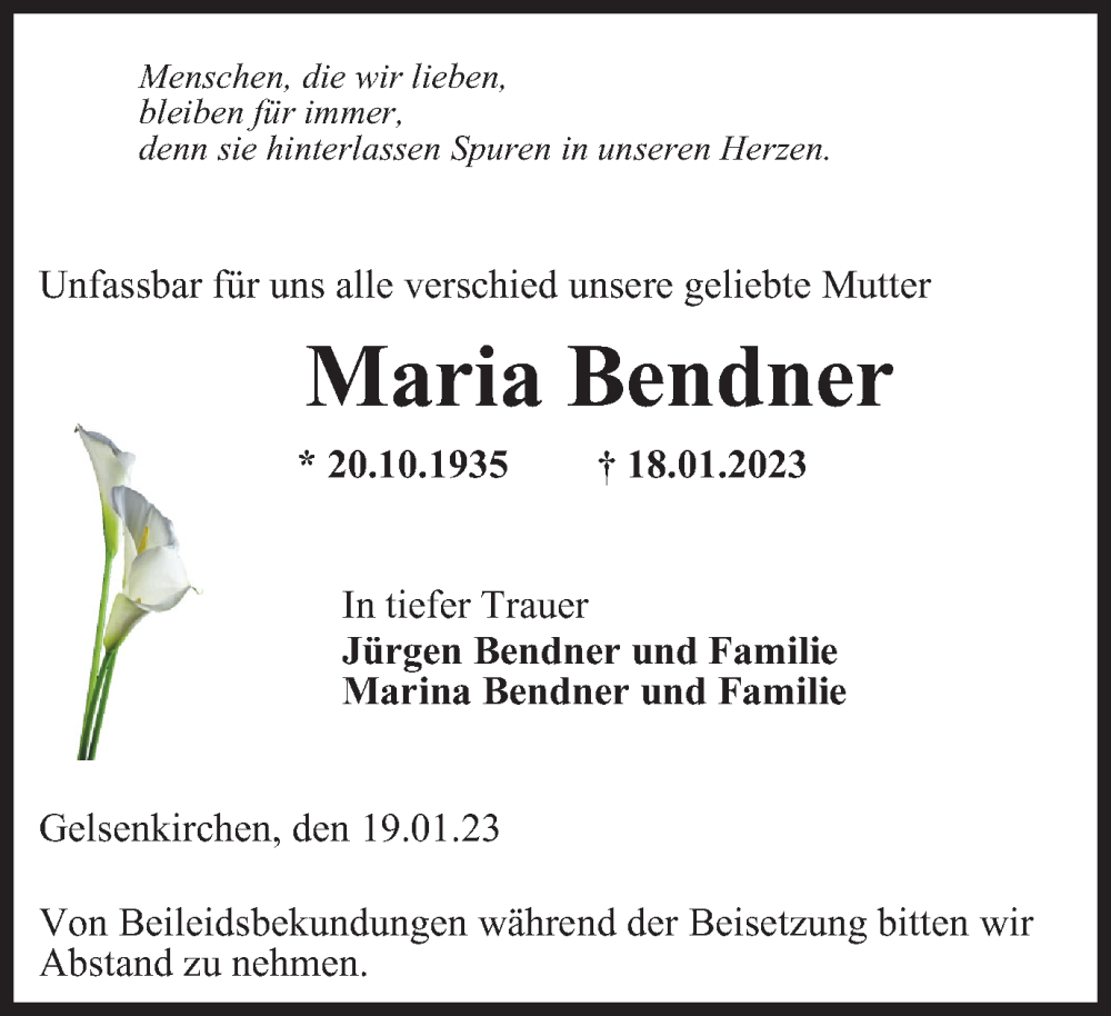  Traueranzeige für Maria Bendner vom 21.01.2023 aus Tageszeitung