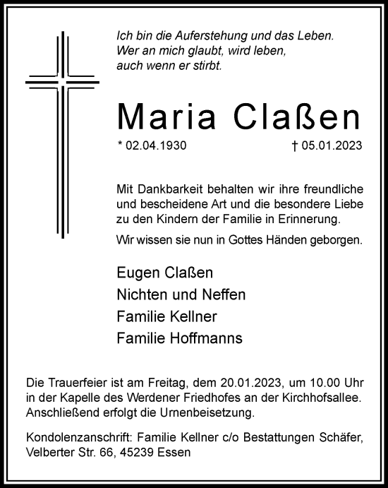 Traueranzeige von Maria Claßen von Tageszeitung