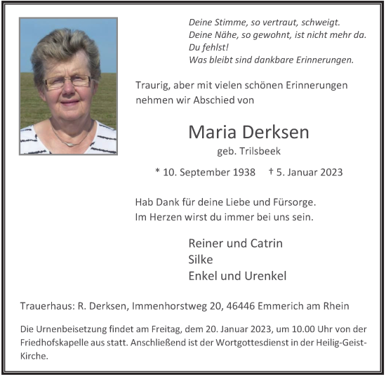 Traueranzeige von Maria Derksen von WVW Anzeigenblätter