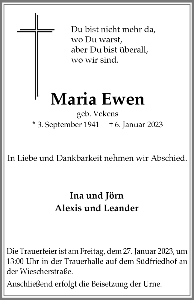  Traueranzeige für Maria Ewen vom 24.01.2023 aus Tageszeitung