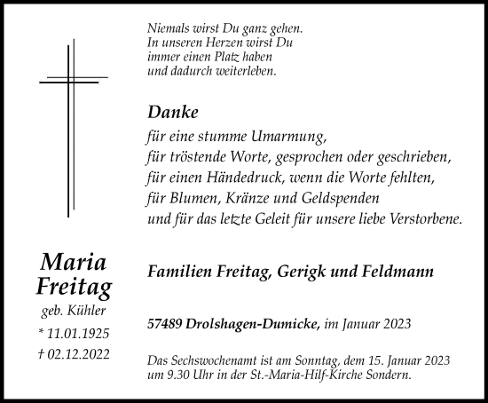 Traueranzeige von Maria Freitag von Tageszeitung