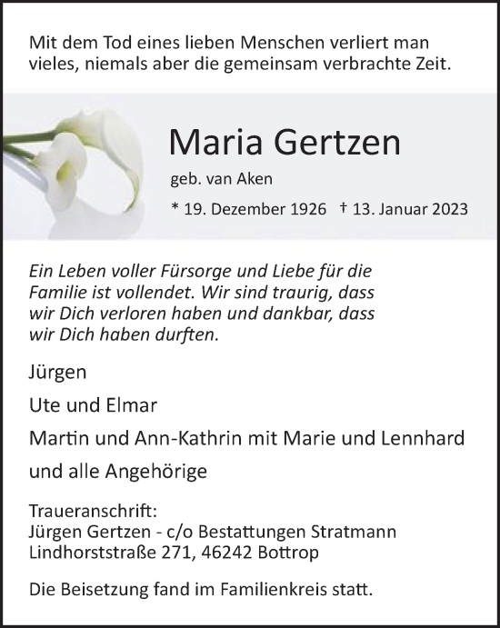 Traueranzeige von Maria Gertzen von WVW Anzeigenblätter