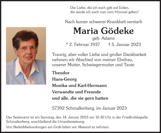 Traueranzeige von Maria Gödeke von Tageszeitung