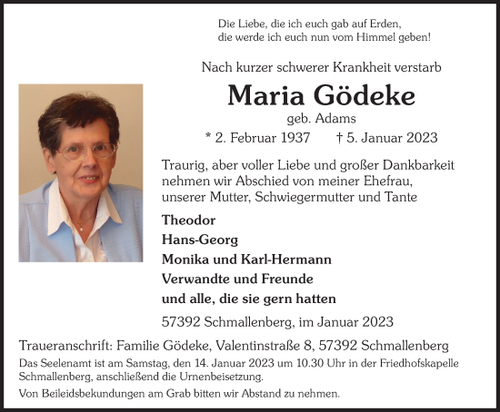 Traueranzeige von Maria Gödeke von Tageszeitung