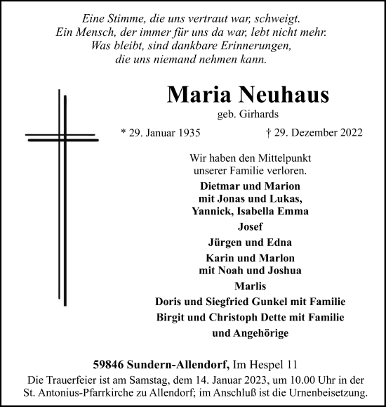 Traueranzeige von Maria Neuhaus von Tageszeitung