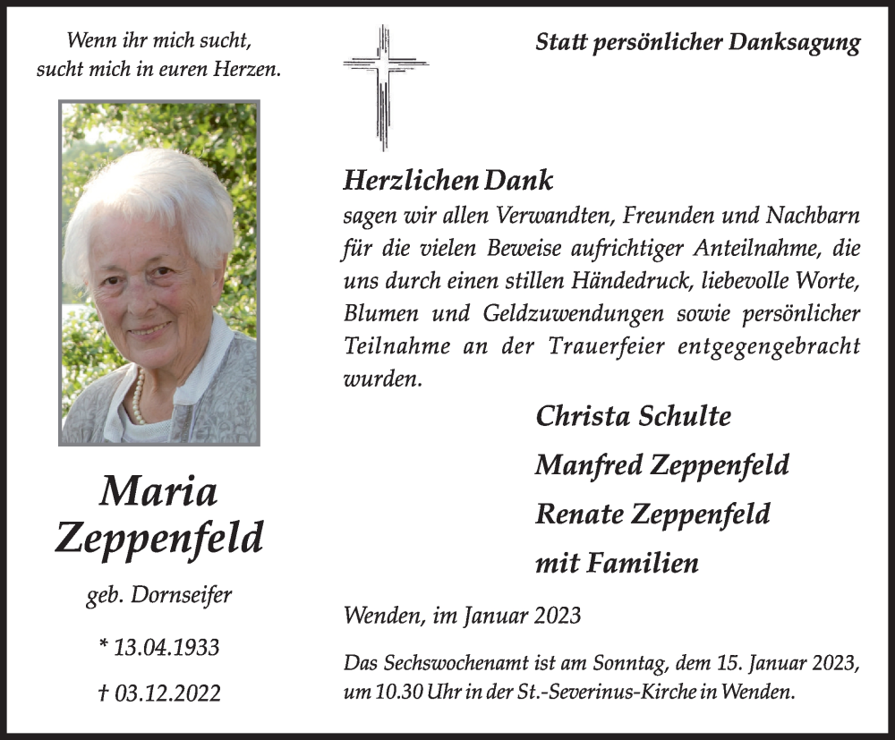  Traueranzeige für Maria Zeppenfeld vom 07.01.2023 aus Tageszeitung