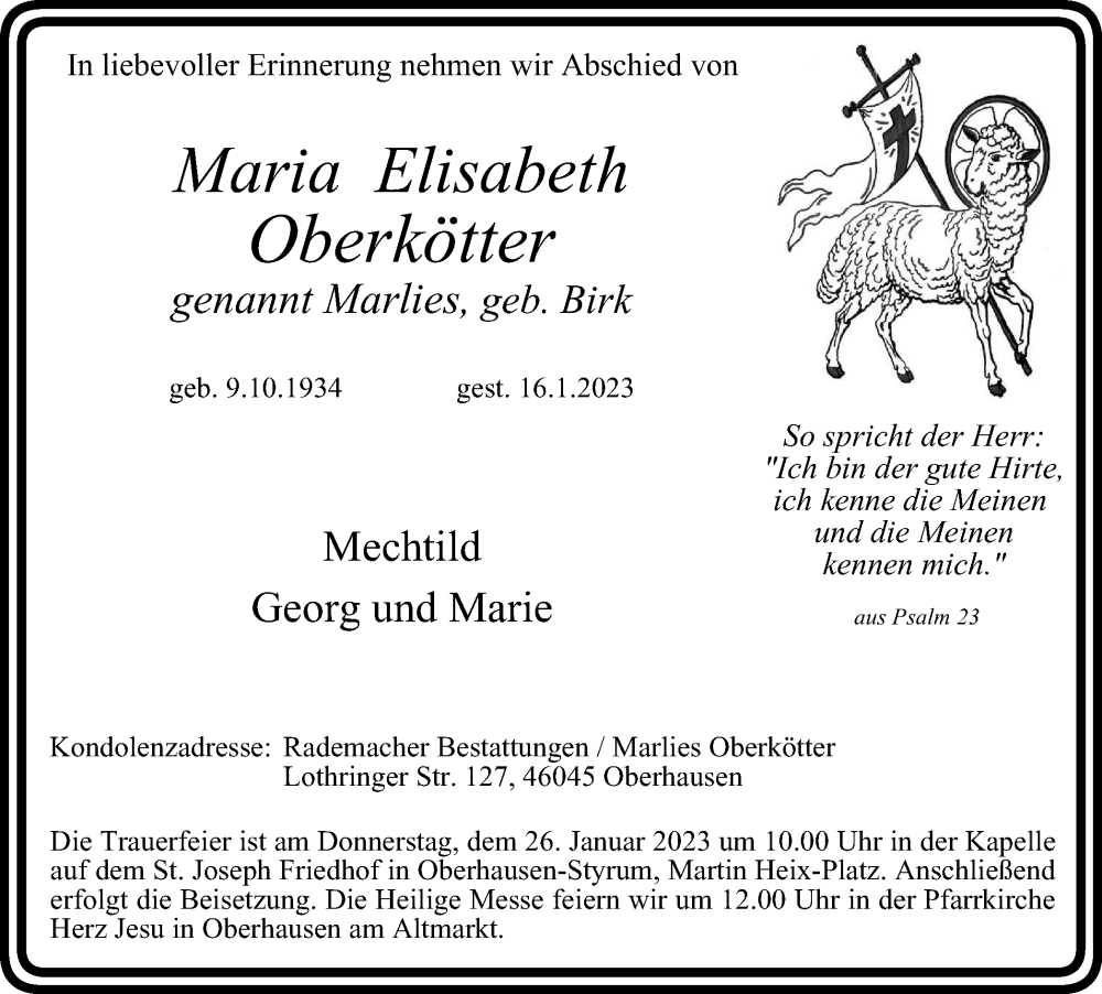  Traueranzeige für Maria Elisabeth Oberkötter vom 21.01.2023 aus WVW Anzeigenblätter