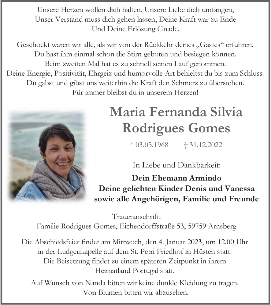  Traueranzeige für Maria Fernanda Silvia Rodrigues Gomes vom 03.01.2023 aus Tageszeitung
