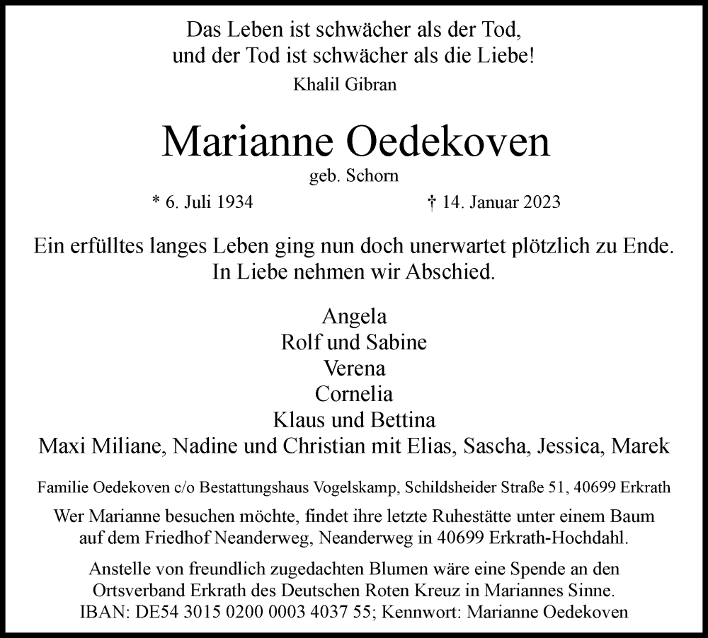  Traueranzeige für Marianne Oedekoven vom 21.01.2023 aus WVW Anzeigenblätter