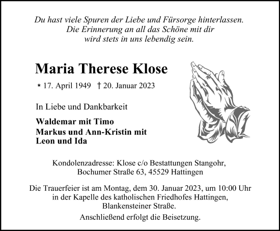 Traueranzeige von Maria Therese Klose von WVW Anzeigenblätter