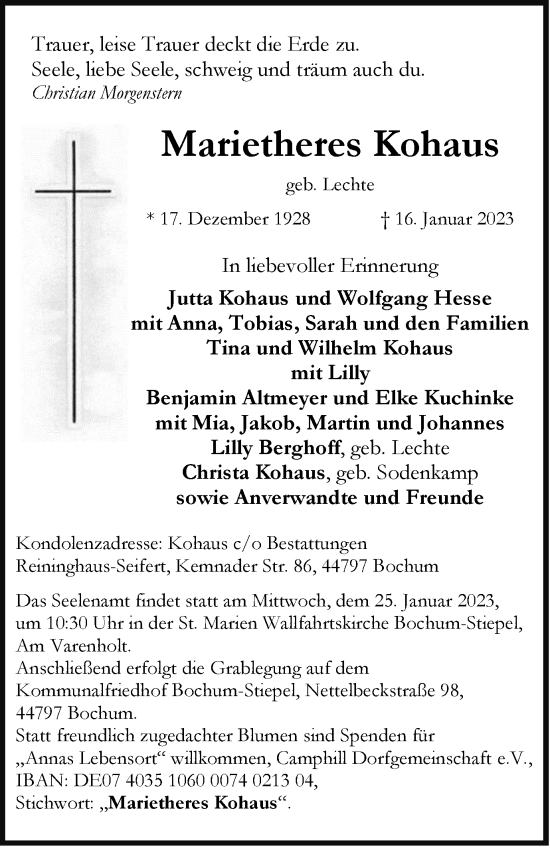 Traueranzeige von Marietheres Kohaus von Tageszeitung