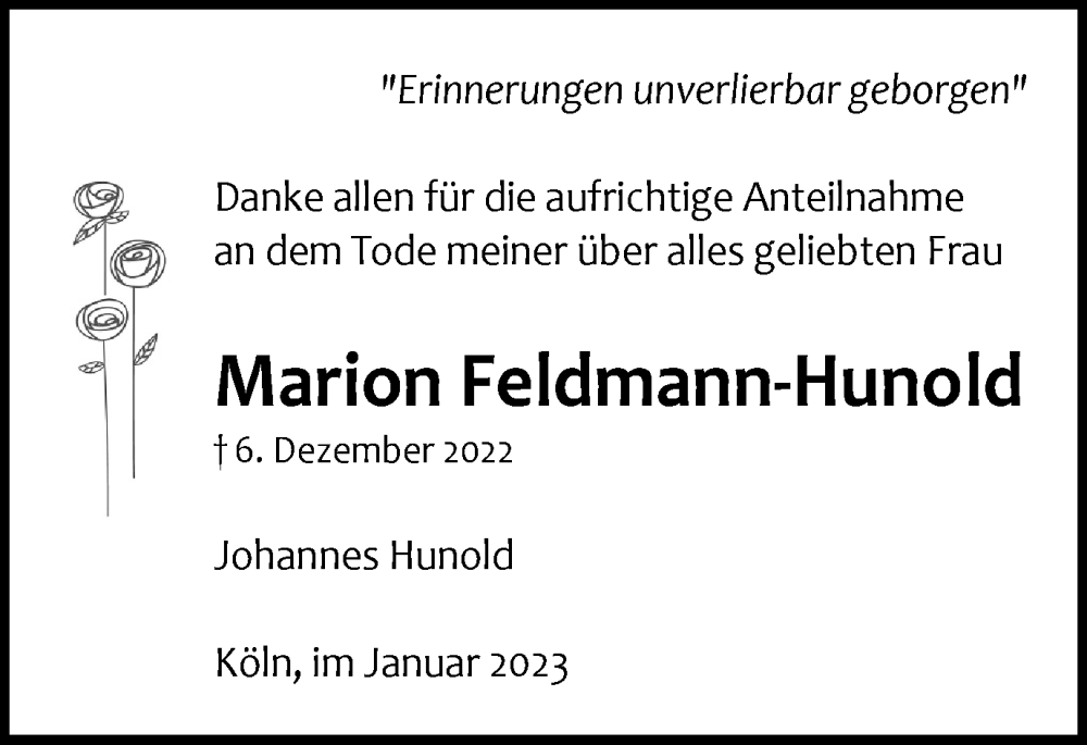  Traueranzeige für Marion Feldmann-Hunold vom 14.01.2023 aus Tageszeitung