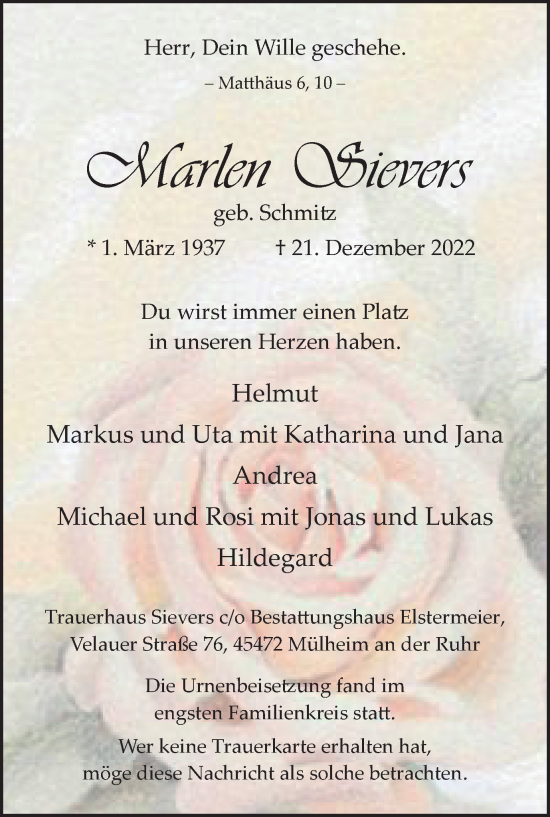 Traueranzeige von Marlen Sievers von WVW Anzeigenblätter
