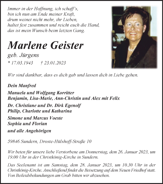 Traueranzeige von Marlene Geister von Tageszeitung