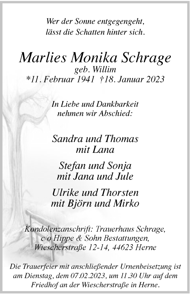 Traueranzeige für Marlies Monika Schrage vom 28.01.2023 aus Tageszeitung
