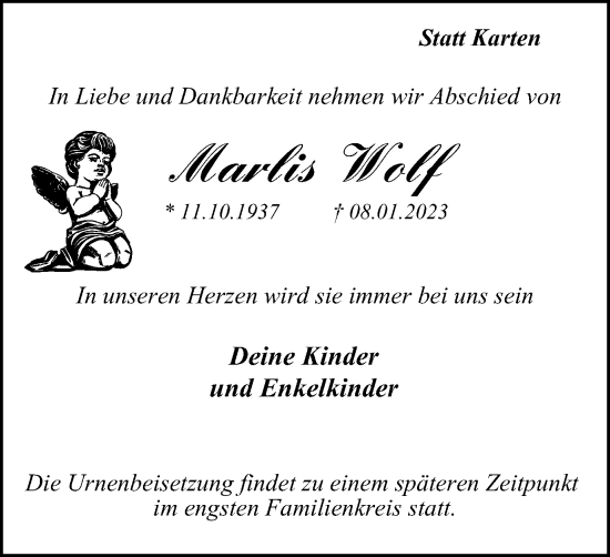 Traueranzeige von Marlis Wolf von WVW Anzeigenblätter