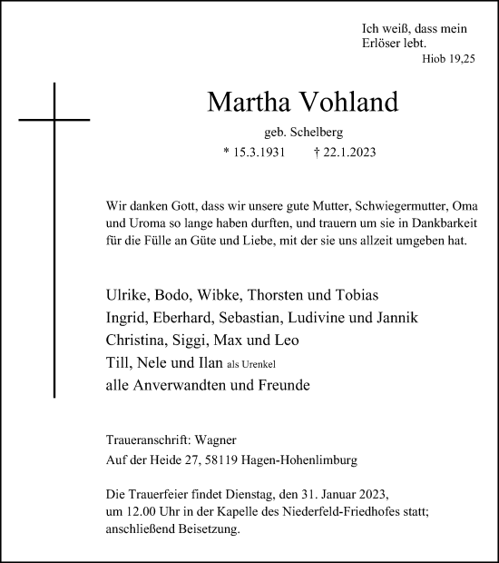 Traueranzeige von Martha Vohland von Tageszeitung