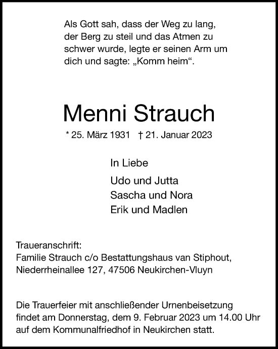 Traueranzeige von Menni Strauch von Tageszeitung