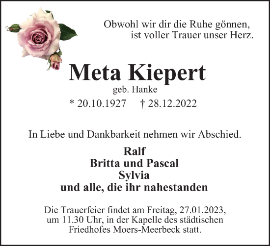 Traueranzeige von Meta Kiepert von Tageszeitung
