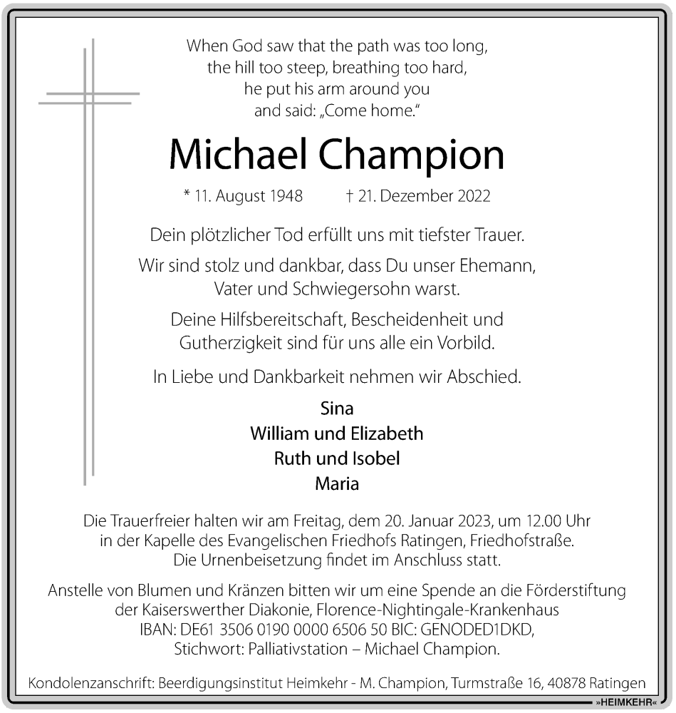  Traueranzeige für Michael Champion vom 07.01.2023 aus WVW Anzeigenblätter