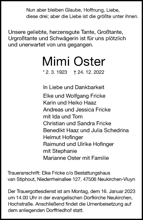 Traueranzeige von Mimi Oster von Tageszeitung
