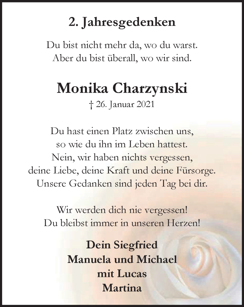  Traueranzeige für Monika Charzynski vom 26.01.2023 aus Tageszeitung
