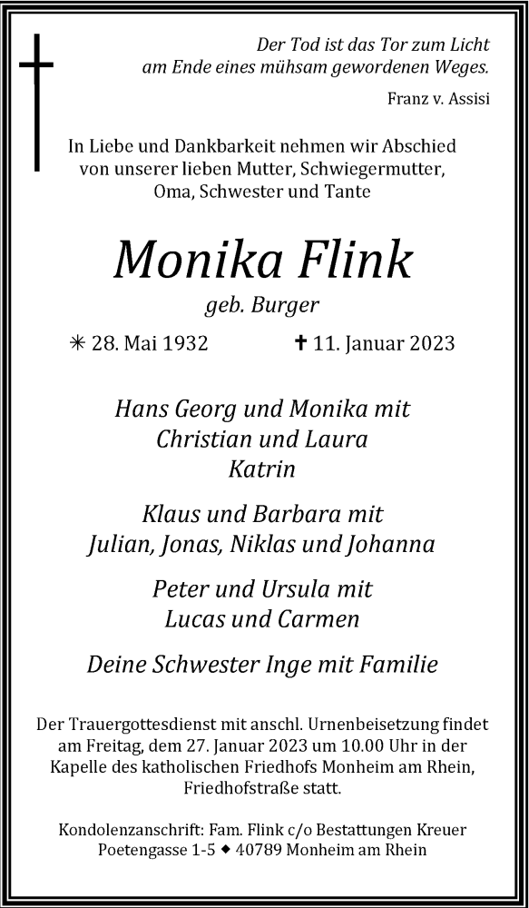  Traueranzeige für Monika Flink vom 21.01.2023 aus WVW Anzeigenblätter