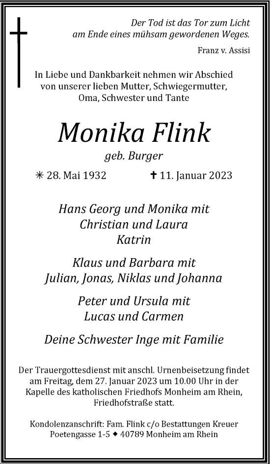 Traueranzeige von Monika Flink von WVW Anzeigenblätter