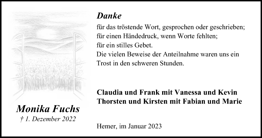  Traueranzeige für Monika Fuchs vom 07.01.2023 aus Tageszeitung
