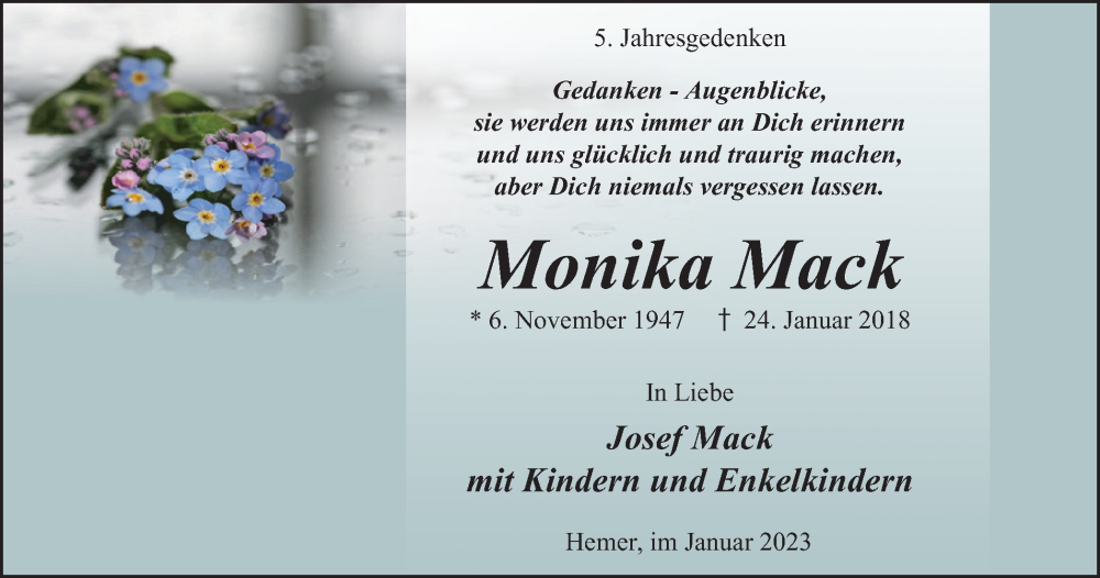  Traueranzeige für Monika Mack vom 24.01.2023 aus Tageszeitung