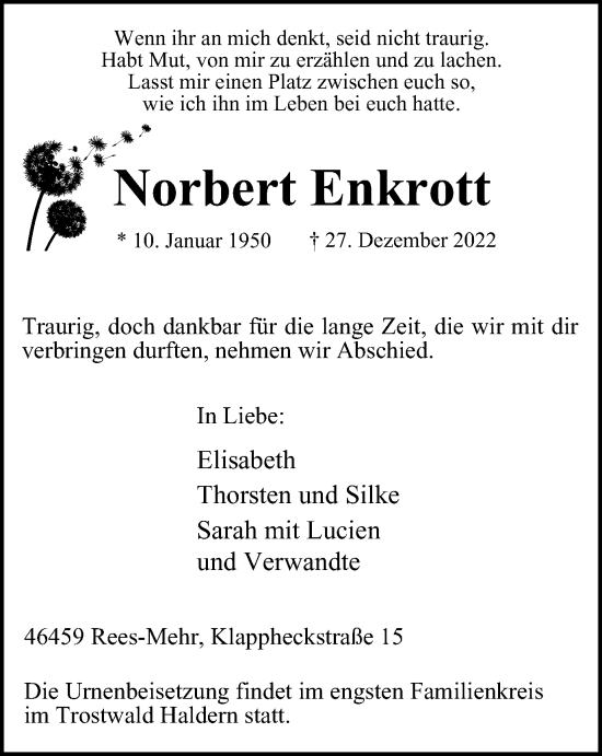 Traueranzeige von Norbert Enkrott von WVW Anzeigenblätter