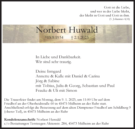 Traueranzeige von Norbert Huwald von WVW Anzeigenblätter