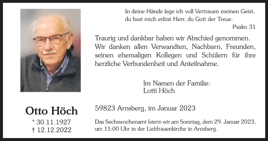 Traueranzeige von Otto Höch von Tageszeitung