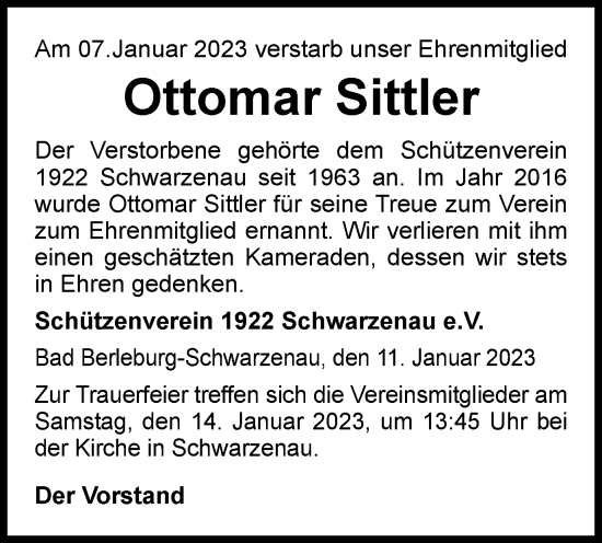 Traueranzeige von Ottomar Sittler von Tageszeitung