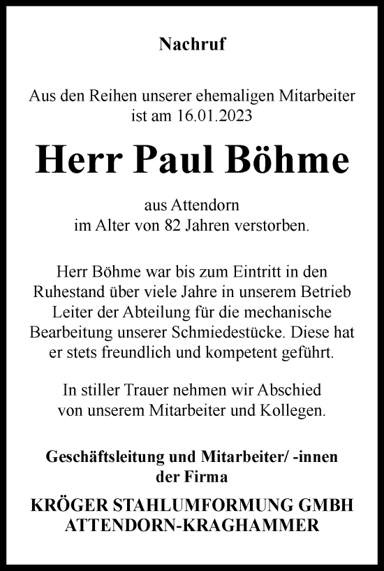 Traueranzeige von Paul Böhme von Tageszeitung
