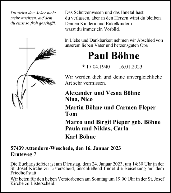 Traueranzeige von Paul Böhne von Tageszeitung