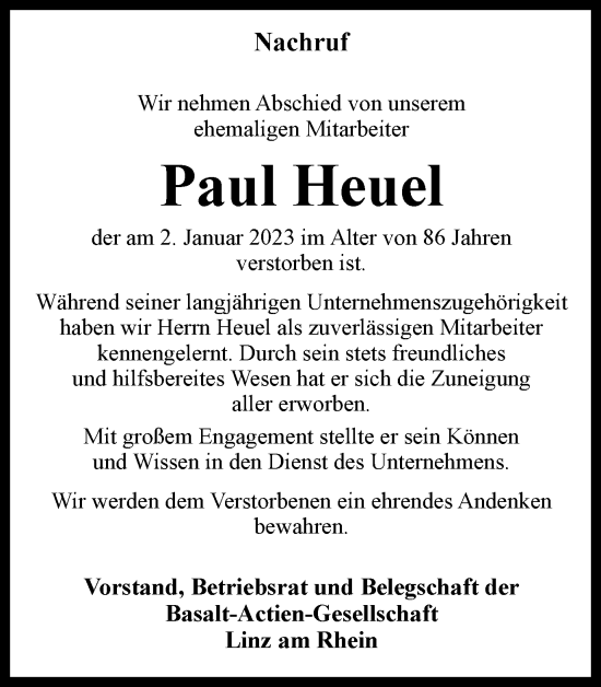 Traueranzeige von Paul Heuel von Tageszeitung