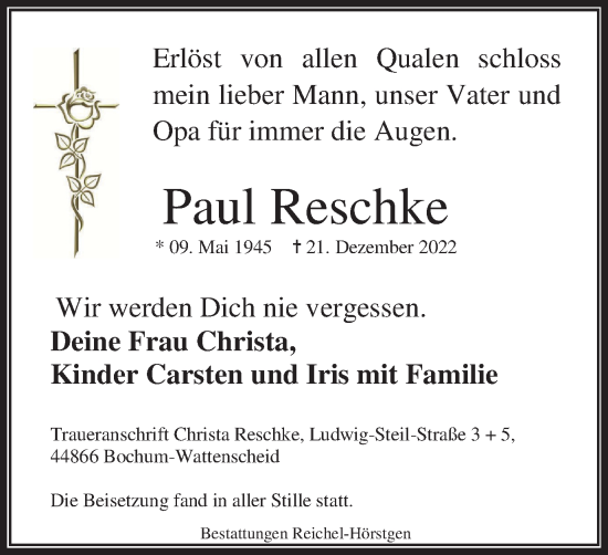 Traueranzeige von Paul Reschke von WVW Anzeigenblätter