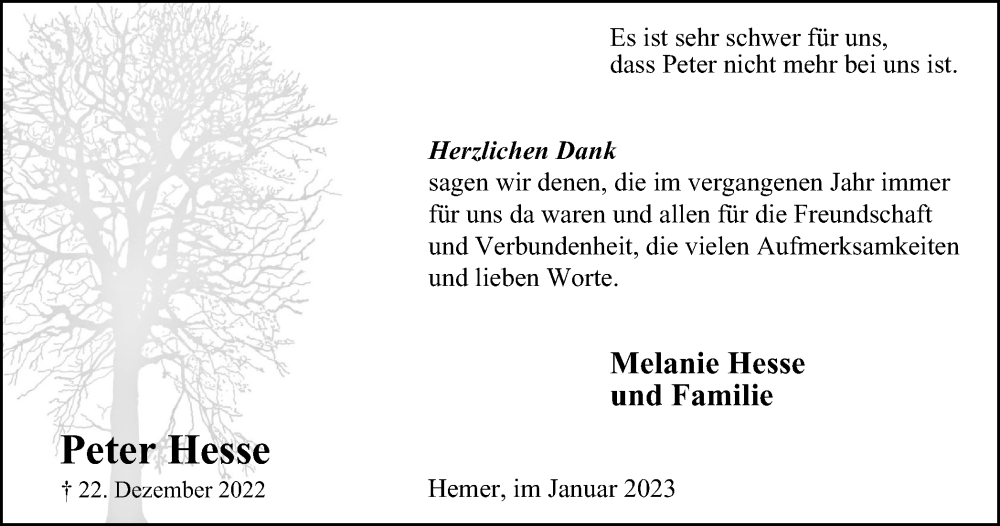  Traueranzeige für Peter Hesse vom 21.01.2023 aus Tageszeitung