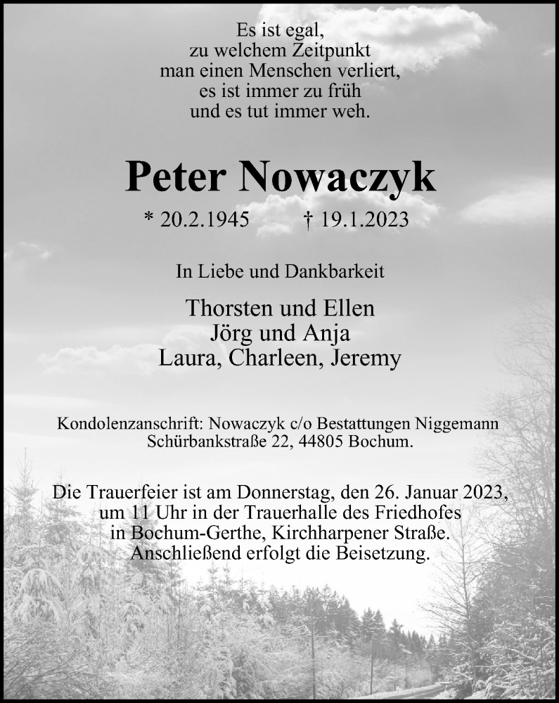  Traueranzeige für Peter Nowaczyk vom 21.01.2023 aus Tageszeitung
