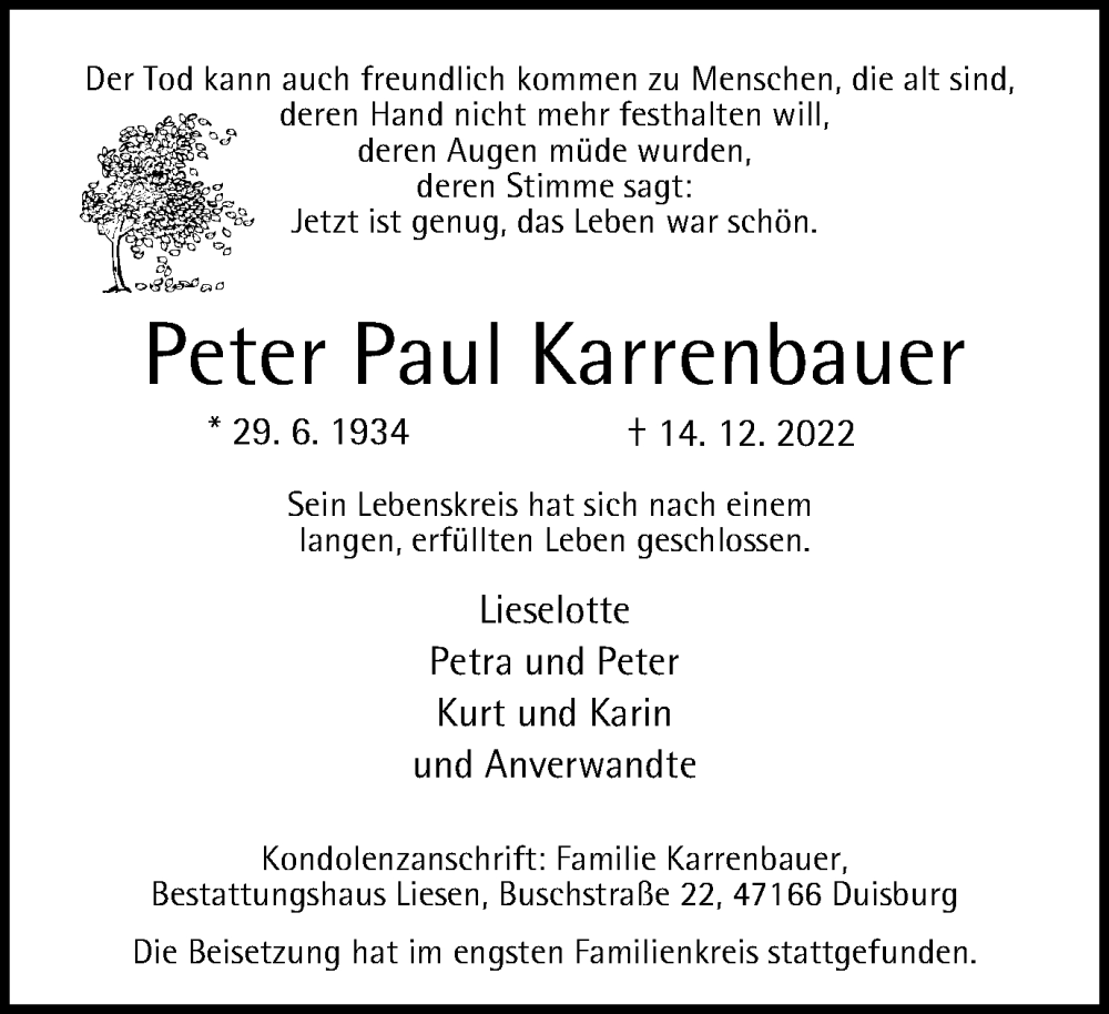  Traueranzeige für Peter Paul Karrenbauer vom 11.01.2023 aus Tageszeitung