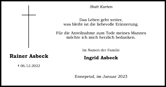 Traueranzeige von Rainer Asbeck von Tageszeitung