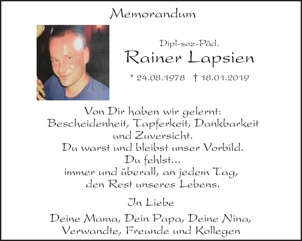  Traueranzeige für Rainer Lapsien vom 18.01.2023 aus Tageszeitung